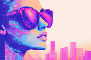 Woman in sunglasses looks at the city skyline.