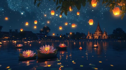 Magical Loy Krathong Festival 3D Animation with Traditional Krathongs, Lanterns, and Historic Temple