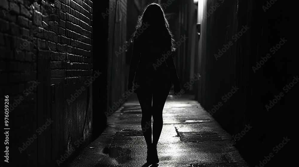 Canvas Prints Girl walks away down dark alley alone, silhouette of woman at night