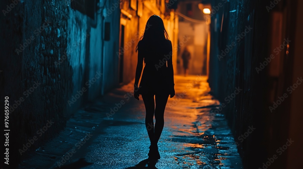 Poster Girl walks away down dark alley alone, silhouette of woman at night 