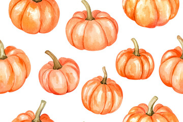 Fall pumpkins seamless pattern hand drawn by watercolor. Thanksgiving background.