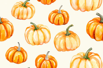 Fall pumpkins seamless pattern hand drawn by watercolor. Thanksgiving background.