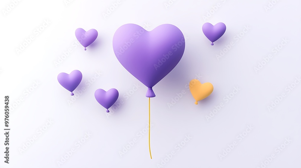Poster vibrant 3d rendering of purple balloon with yellow string on white background surrounded by cute col