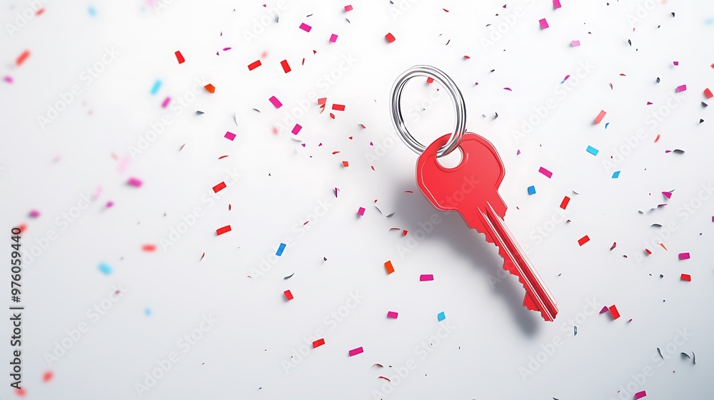 Aufkleber minimalistic 3d rendering of silver key with red keychain on white background - isometric view with 