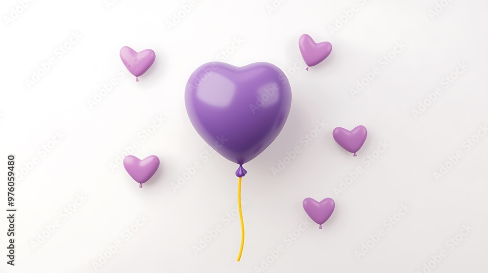 Poster playful purple balloon with yellow string surrounded by colorful hearts on white background - 3d ren