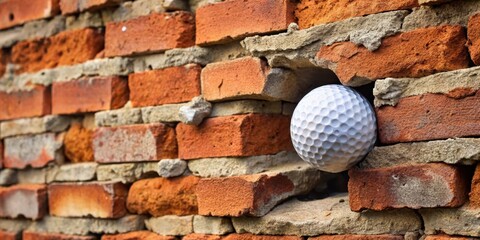 Close up of a golf ball stuck in a cracked brick wall