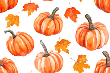Fall pumpkins seamless pattern hand drawn by watercolor. Thanksgiving background.