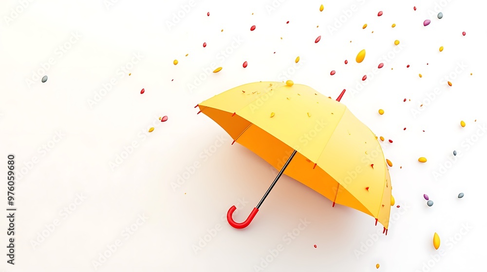 Aufkleber bright yellow umbrella with red handle in minimalistic 3d rendering on white background with cute co