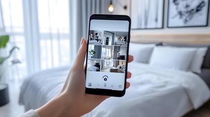 A person holding a smartphone displaying interior design images in a modern bedroom setting.