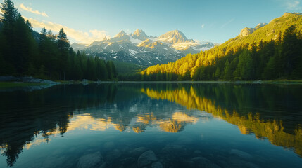 Beautiful Alpine Lake Reflection at Golden Hour with Mountain Range and Pine Forest