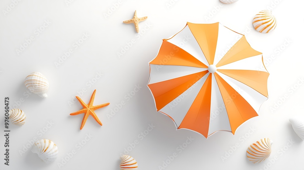 Poster minimalistic 3d rendering of orange beach umbrella with seashells and starfish on white background