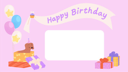 Birthday card template with empty space for congratulations writing. Cute dogs gift boxes and balloons. Party puppies, decorative vector template design