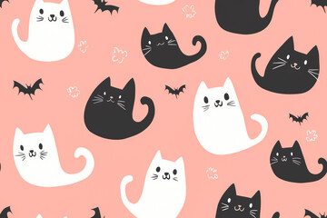 Halloween seamless pattern. Illustration of kawaii ghost kittens on a pink background.
