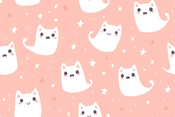 Halloween seamless pattern. Illustration of kawaii ghost kittens on a pink background.
