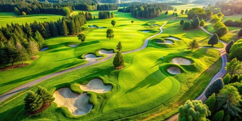 Aerial view of a lush golf course with sand bunkers, putting greens, and vibrant greenery