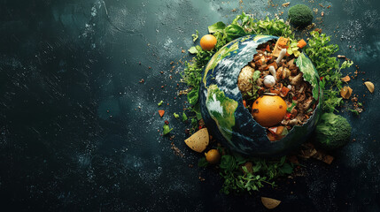 image showcases creative representation of Earth made from food waste, emphasizing importance of composting and sustainability. This minimalistic approach highlights need for environmental awareness