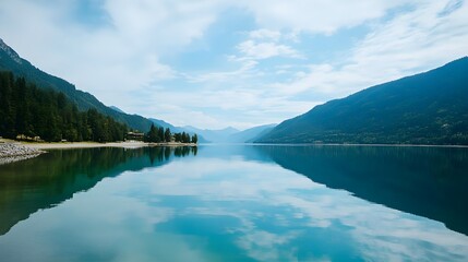 A tranquil lake reflecting mountains and sky under a serene atmosphere, perfect for relaxation and nature enthusiasts.