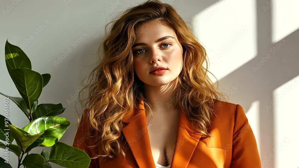 Poster a plus-size model in a trendy outfit, confidently posing in a bright, minimalistic setting with simp