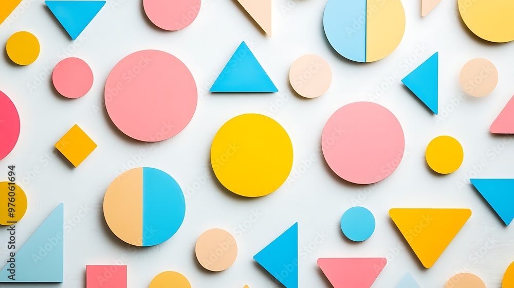 Poster symmetrical geometric flat lay pattern with vibrant circles, triangles, and squares on white backgro