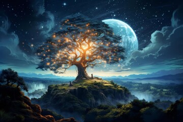 A magical illustration of a hill with a tree that glows under the full moon
