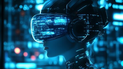 A futuristic figure wearing a high-tech VR headset, surrounded by a digital landscape of glowing data.