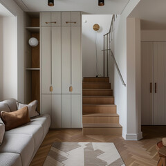 A modern living room with cozy sofa, wooden staircase, and built in storage cabinets. space features minimalist design with neutral tones and geometric patterns, creating warm and inviting atmosphere