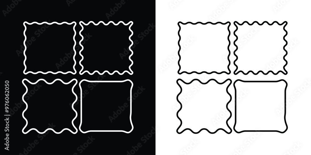 Aufkleber squiggle frames set. square frames with zigzag wavy border set. wave and curvy borders isolated on b