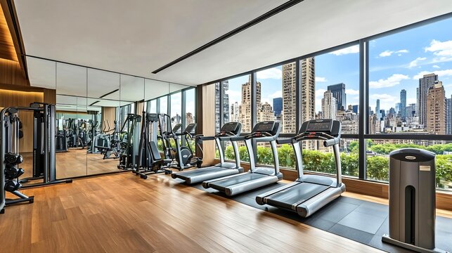 Modern empty gym with a view on new york city skyline
