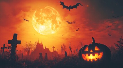 Spooky Halloween night with a glowing jack-o-lantern, full moon, bats, and graveyard.