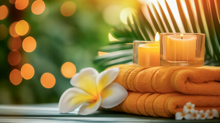 A peaceful spa environment showcases neatly stacked soft towels, glowing candles, and a single flower, inviting relaxation and rejuvenation in a calming atmosphere