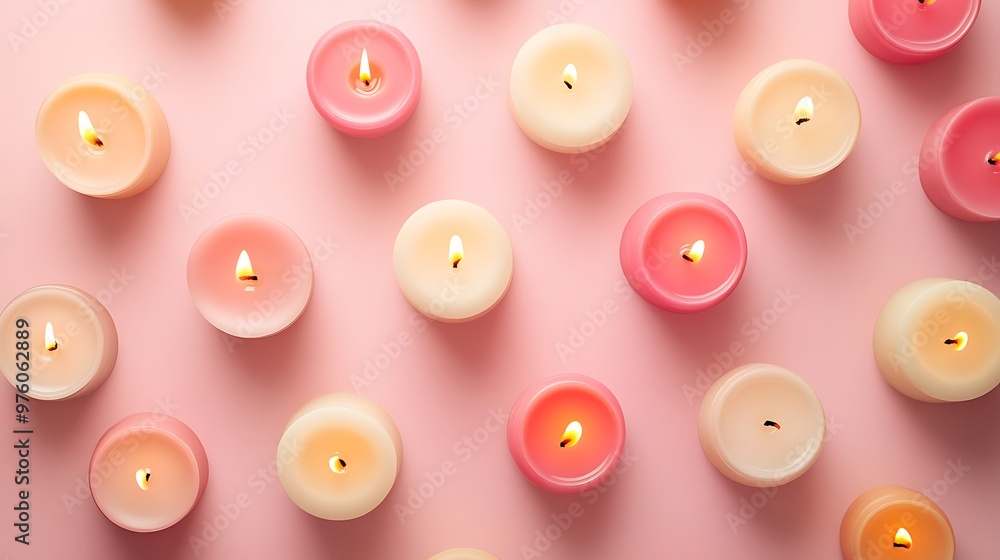 Poster serene symmetry - minimalist flat lay pattern of various sizes and colors of candles on soft pink ba
