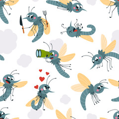 Cute cartoon mosquitos seamless pattern. Funny mosquito eating, in love, scared by toxic smoke. Cute print for fabric, wrapping, vector background
