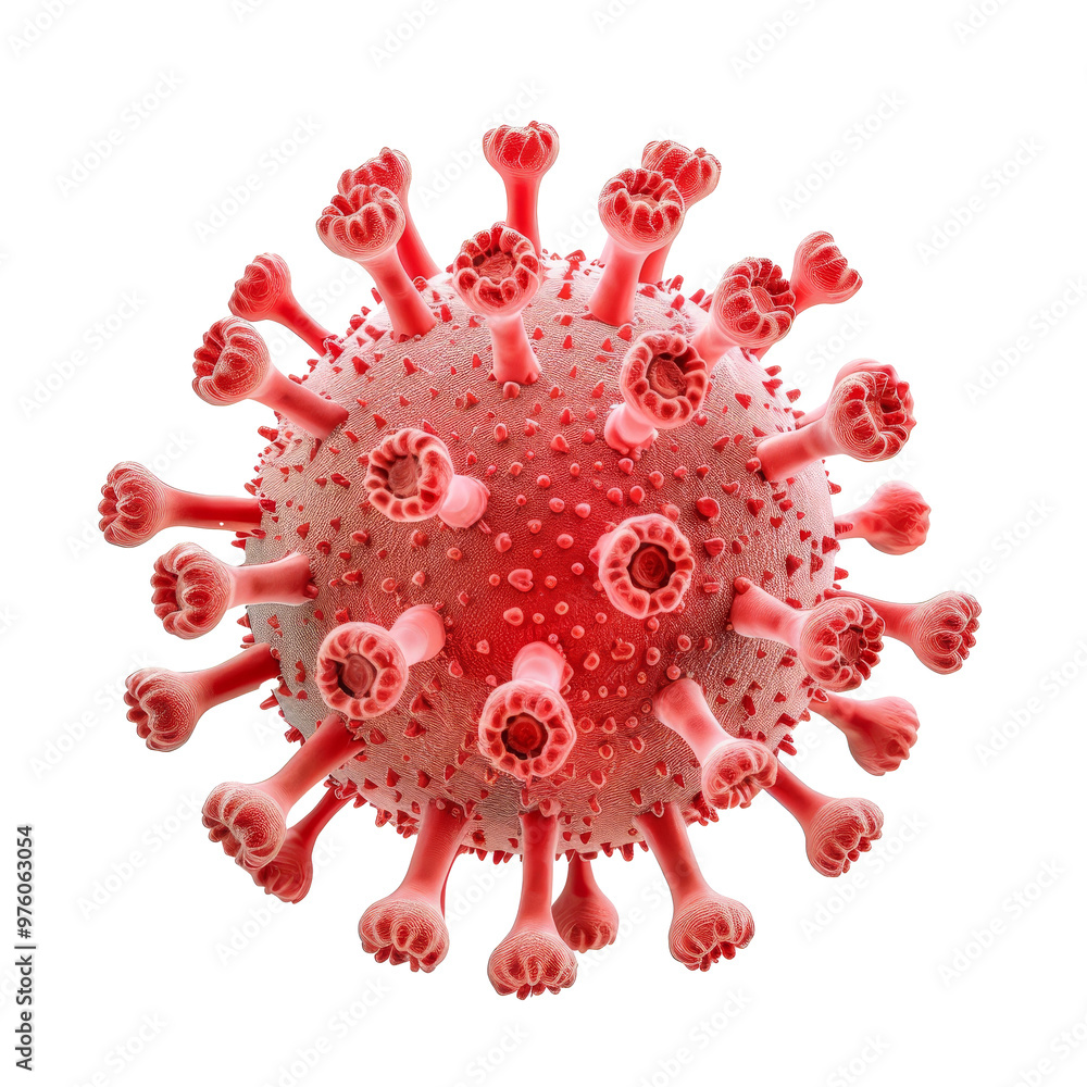 Poster microscopic view of a virus showcasing its detailed structure with spikes and surface features under