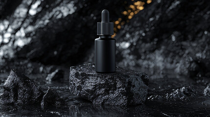 Sleek Matte Black Dropper Bottle for Essential Oils in a Dark, Modern Display