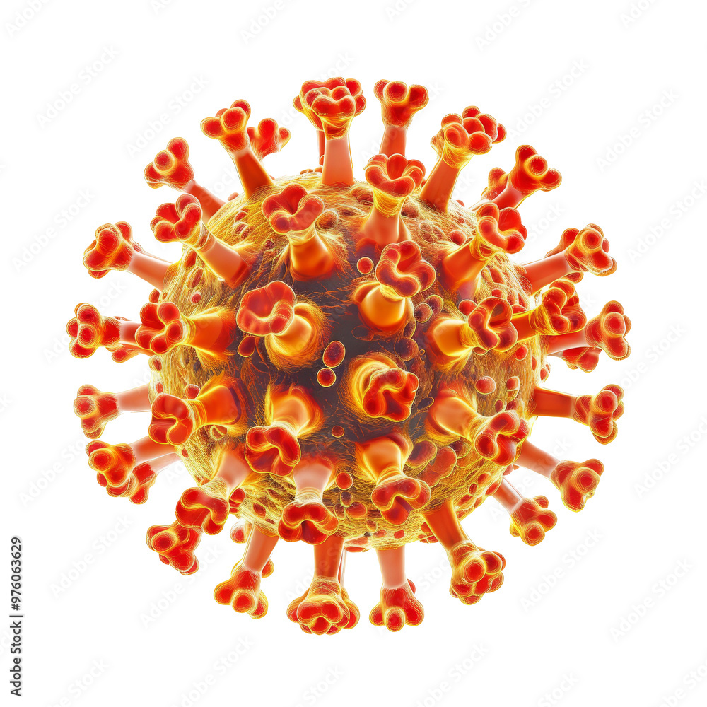 Poster detailed depiction of a virus structure showcasing spikes and surface features in a scientific repre