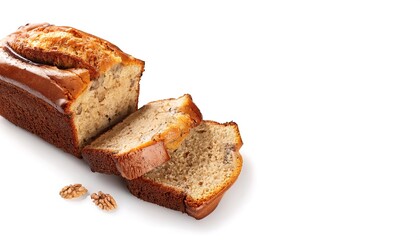 Homemade gluten free banana bread with walnuts and honey cut into appetizing slices isolated on white background with copy space. Commonly served with butter. closeup view