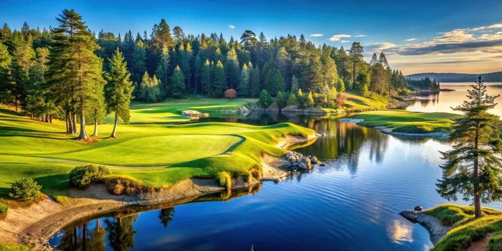 Scenic par 4 golf hole surrounded by water and forests in Victoria, British Columbia, Canada