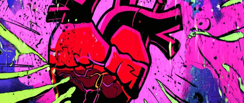 Street art mural of a vibrant heart illustration on a colorful wall showcasing urban creativity