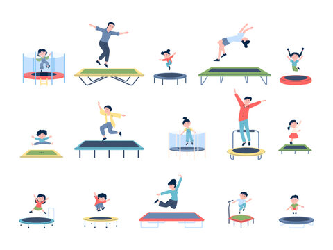 People jumping trampoline. Adults kids jump trampolines, physical training and fun outdoor activities. Bouncing characters, recent vector set