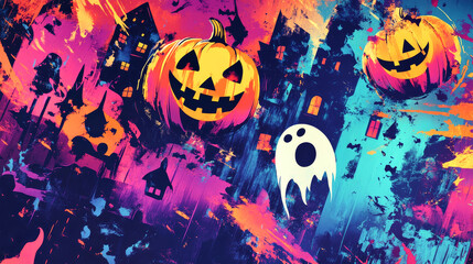 A captivating blend of Halloween icons like pumpkins and ghosts amidst energetic colors and textures, perfect for festive decoration or celebration
