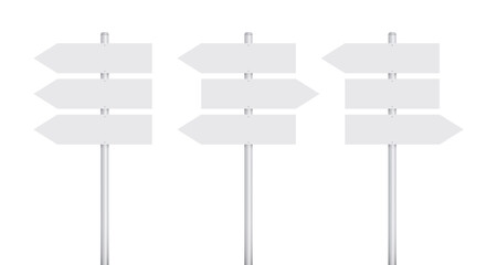 Three white street signs with arrows pointing in different directions © jackreznor