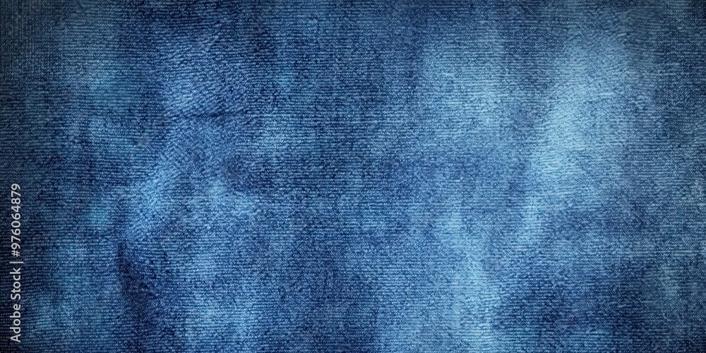 Poster blue denim fabric texture with diagonal weaving patterns and soft lighting, creating a classic and r