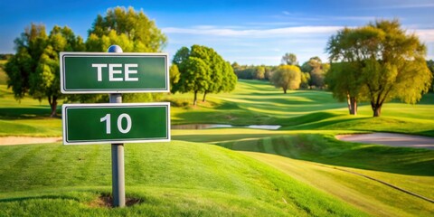 Stock photo of signs indicating the tee off locations for hole 1 and hole 10 at a golf course