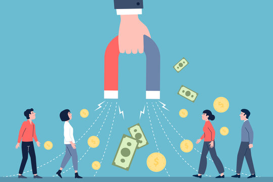 Attracting customers and money. Hand holding magnete and attracts consumers. Marketing, business strategy, digital traffic and service recent vector concept