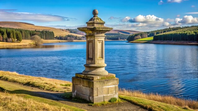 Brechin Reservoir commemorative pedestal in Trinity, Angus, Scotland, located near a golf course road