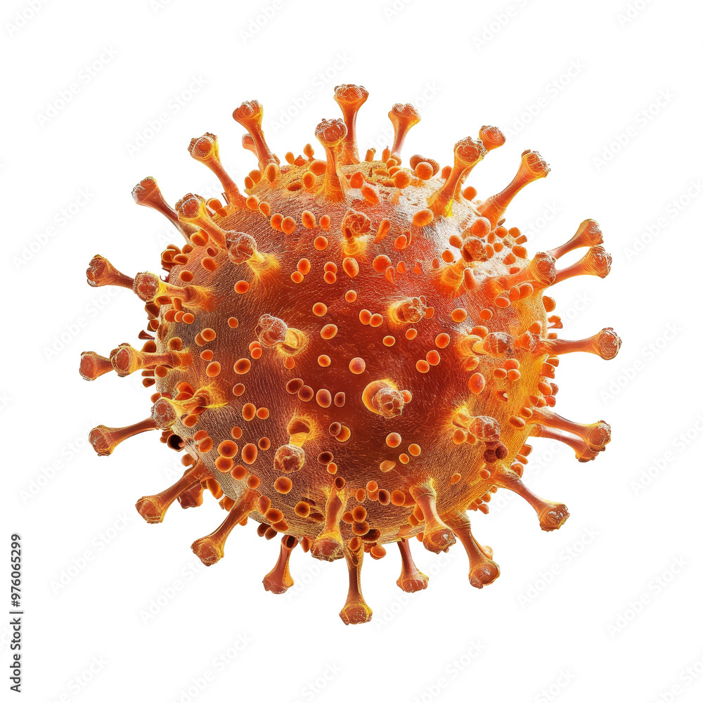 Poster close-up view of a virus illustration showcasing spikes and surface texture, emphasizing its structu