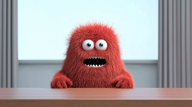 Furry red monster in boardroom reacting to business meeting with surprise and excitement. This whimsical character adds playful touch to corporate setting