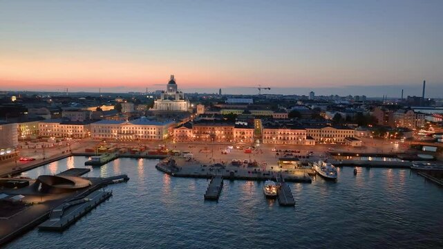 4k Aerial view of famous places architectural landmarks Lutheran Christian Cathedral Church at the Senate Square in Helsinki, Finland