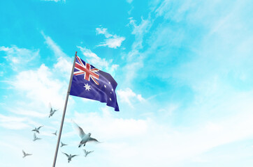 Australia flag waving with flying doves in beautiful sky. Australia flag for Republic Day and...