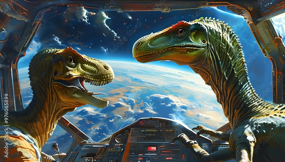 Poster Dinosaur Exploring Earth from Space in a Futuristic Spacecraft, Merging Ancient Life with Advanced Technology in a Unique Sci-Fi Adventure